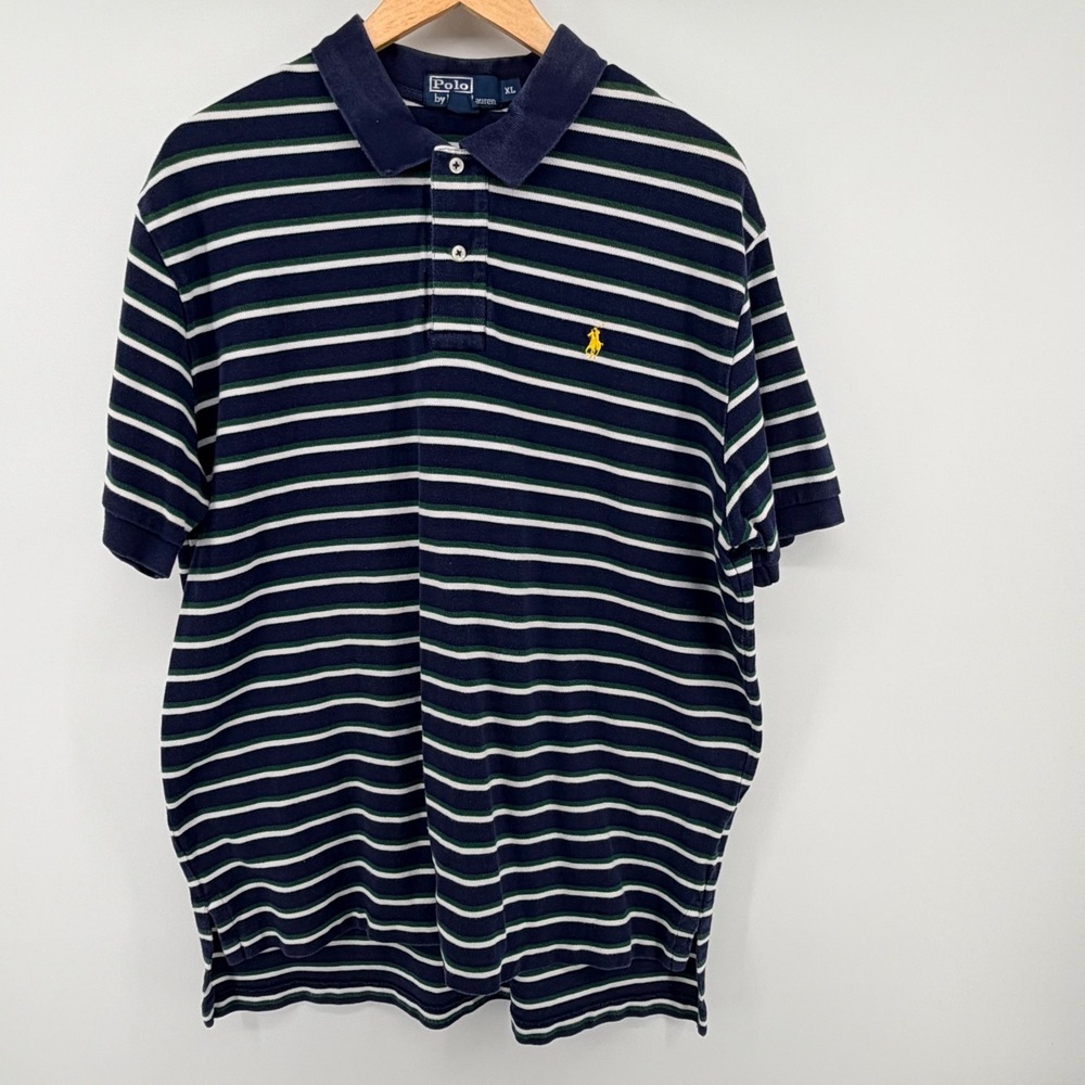 Polo Ralph Lauren Mens XL Striped Polo Shirt Navy Blue Green White Yellow Pony - Picture 1 of 6